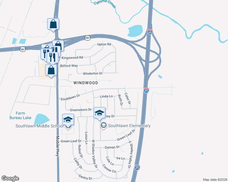 map of restaurants, bars, coffee shops, grocery stores, and more near 359 Southlawn Drive in Montgomery