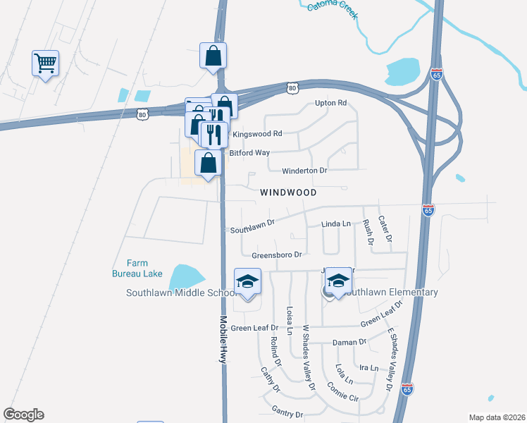 map of restaurants, bars, coffee shops, grocery stores, and more near Windy Wood Drive in Montgomery