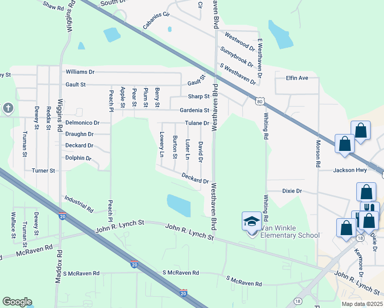 map of restaurants, bars, coffee shops, grocery stores, and more near 1525 David Drive in Jackson