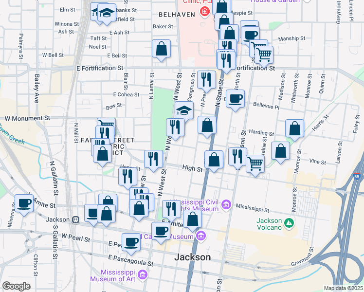 map of restaurants, bars, coffee shops, grocery stores, and more near North Congress Street in Jackson