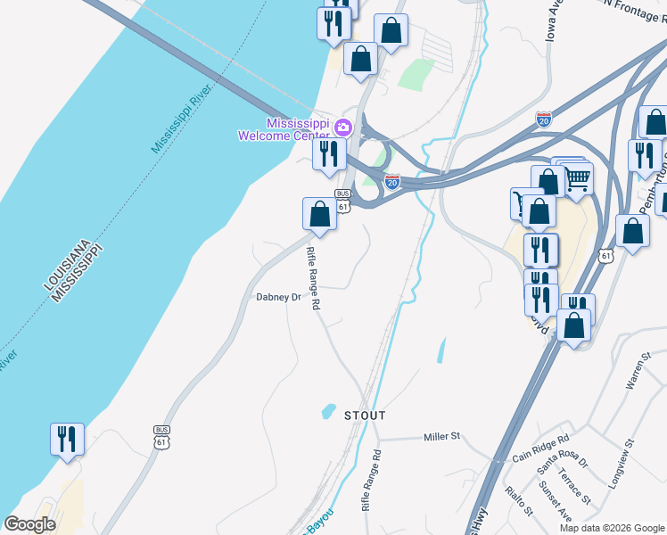 map of restaurants, bars, coffee shops, grocery stores, and more near 4199 Rifle Range Rd in Vicksburg