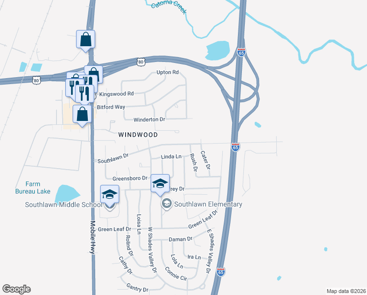 map of restaurants, bars, coffee shops, grocery stores, and more near 359 Southlawn Drive in Montgomery