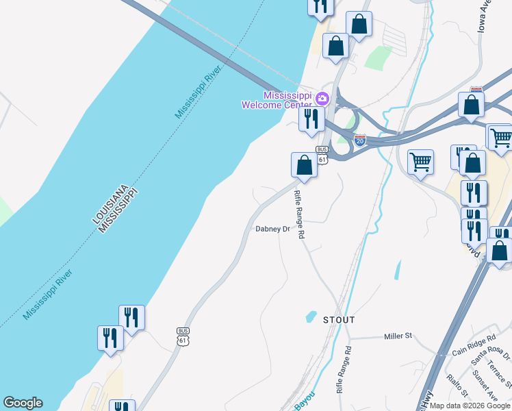 map of restaurants, bars, coffee shops, grocery stores, and more near 10 Riverwood Place in Vicksburg