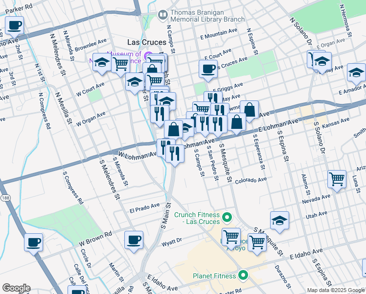 map of restaurants, bars, coffee shops, grocery stores, and more near in Las Cruces