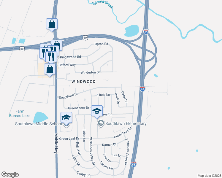 map of restaurants, bars, coffee shops, grocery stores, and more near 359 Southlawn Drive in Montgomery