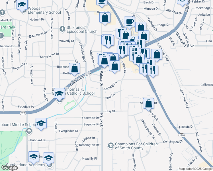 map of restaurants, bars, coffee shops, grocery stores, and more near 3800 Paluxy Dr in Tyler