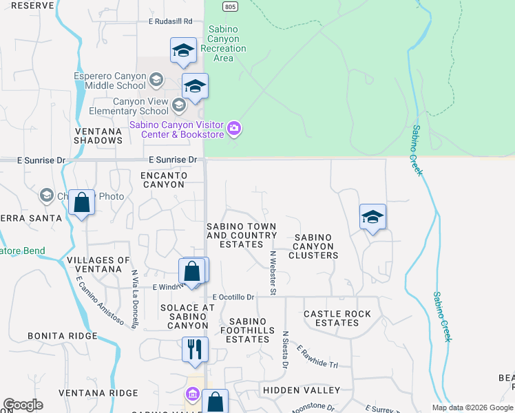 map of restaurants, bars, coffee shops, grocery stores, and more near 5417 North Maguey Place in Tucson