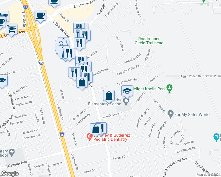 map of restaurants, bars, coffee shops, grocery stores, and more near 2915 East Idaho Avenue in Las Cruces