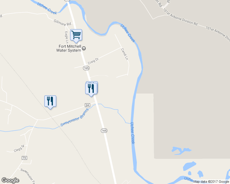 map of restaurants, bars, coffee shops, grocery stores, and more near 847 Alabama 165 in Fort Mitchell