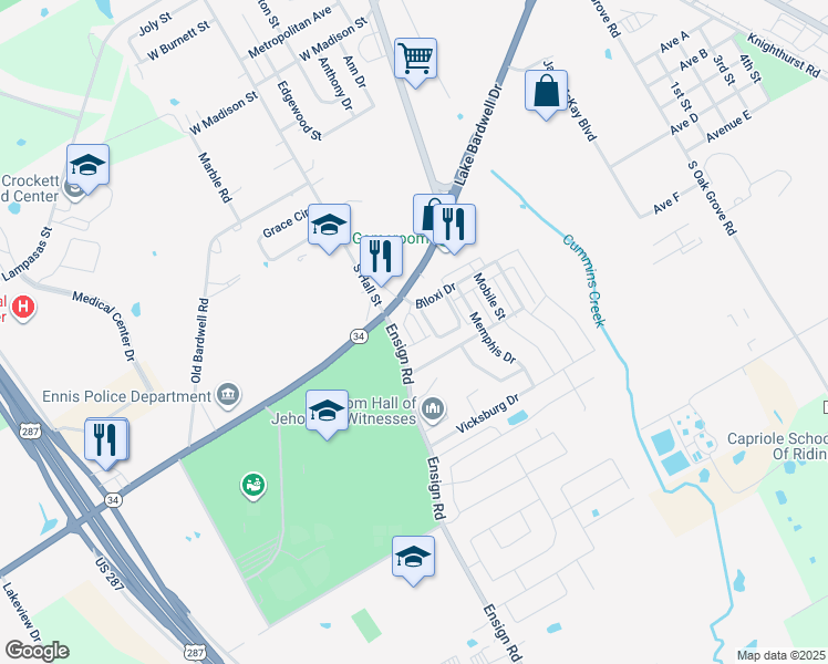 map of restaurants, bars, coffee shops, grocery stores, and more near 1056 Lake Bardwell Drive in Ennis