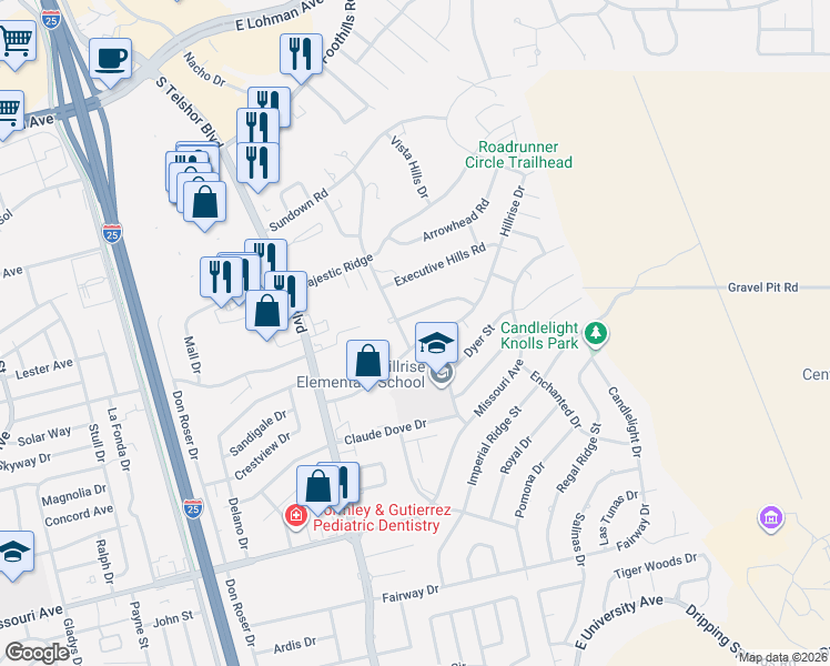 map of restaurants, bars, coffee shops, grocery stores, and more near 3058 Las Placitas Road in Las Cruces