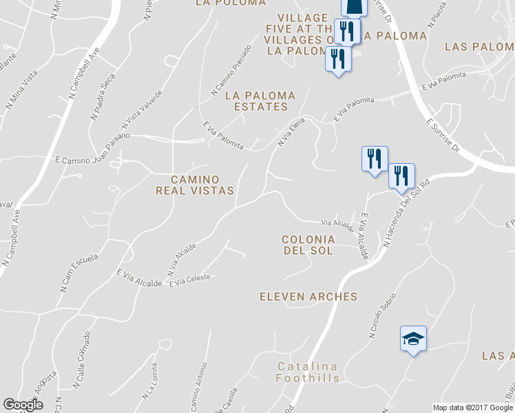 map of restaurants, bars, coffee shops, grocery stores, and more near 5500 North Vía Alcalde in Tucson