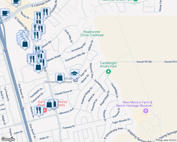 map of restaurants, bars, coffee shops, grocery stores, and more near 3211 Missouri Avenue in Las Cruces