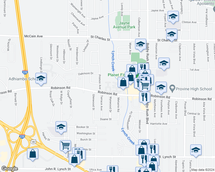 map of restaurants, bars, coffee shops, grocery stores, and more near 2840 Robinson Street in Jackson
