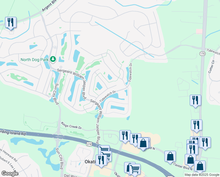 map of restaurants, bars, coffee shops, grocery stores, and more near 77 Pinnacle Shores Drive in Bluffton