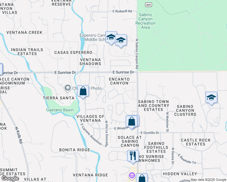 map of restaurants, bars, coffee shops, grocery stores, and more near 5441 North Vía Del Arbolito in Tucson