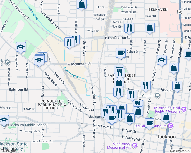 map of restaurants, bars, coffee shops, grocery stores, and more near 328-330 McLeod St in Jackson