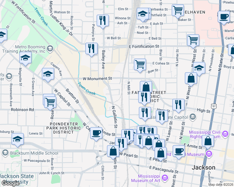 map of restaurants, bars, coffee shops, grocery stores, and more near 328-330 McLeod St in Jackson