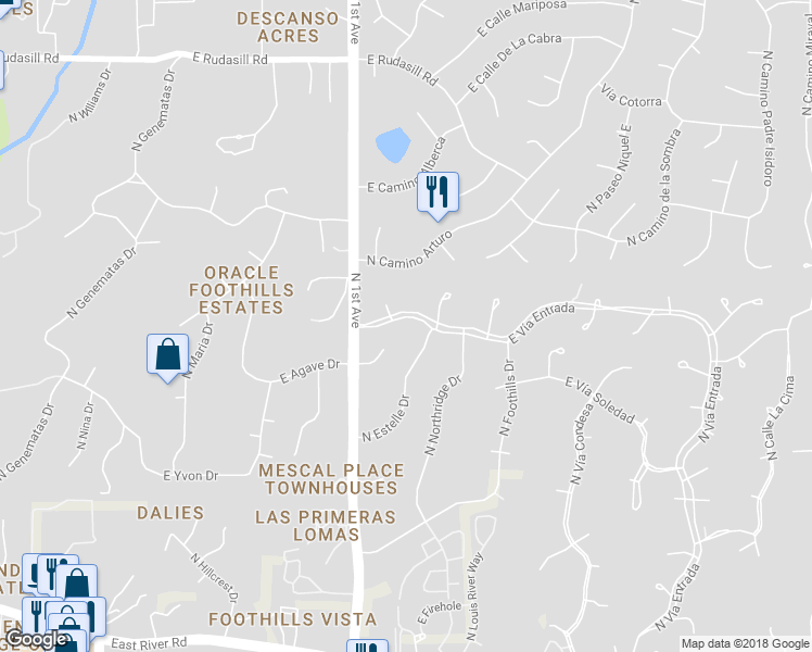 map of restaurants, bars, coffee shops, grocery stores, and more near 810 East Vía Entrada in Tucson