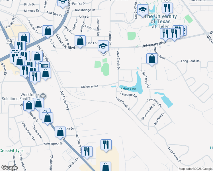 map of restaurants, bars, coffee shops, grocery stores, and more near 2808 Calloway Road in Tyler