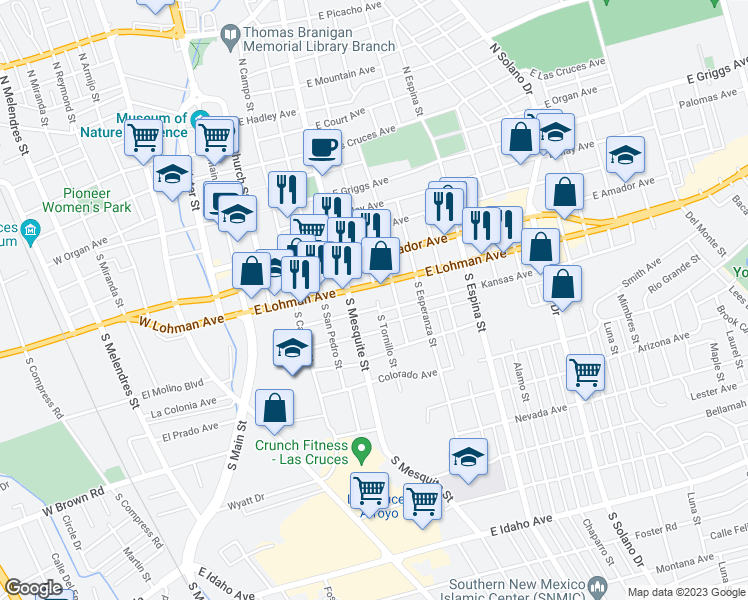 map of restaurants, bars, coffee shops, grocery stores, and more near 540 South Tornillo Street in Las Cruces