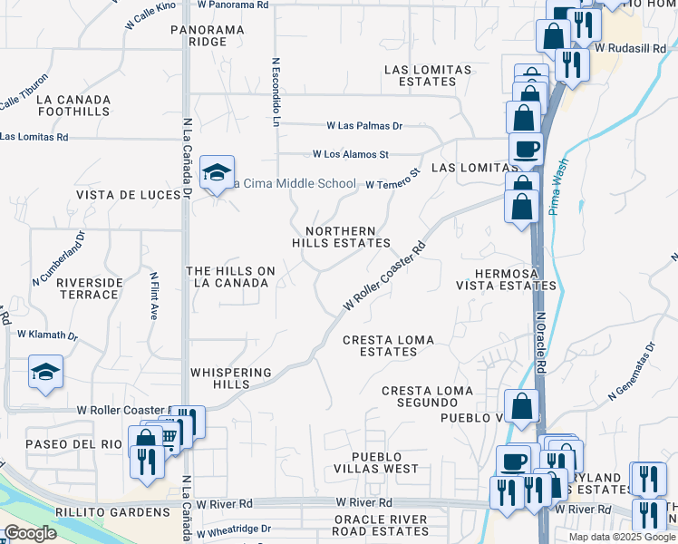 map of restaurants, bars, coffee shops, grocery stores, and more near 5510 North Northern Hills Drive in Tucson