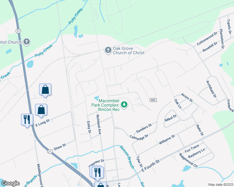 map of restaurants, bars, coffee shops, grocery stores, and more near 105 Smithfield Drive in Rincon