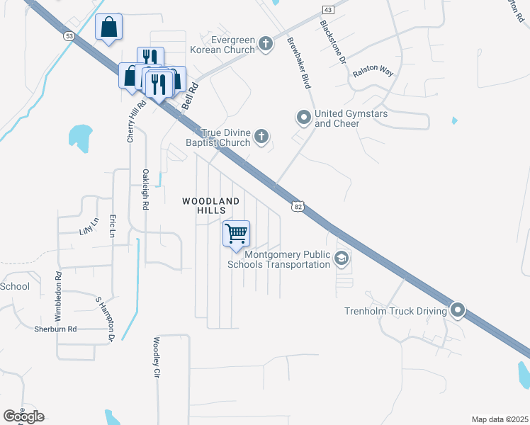 map of restaurants, bars, coffee shops, grocery stores, and more near 5012 Loblolly Pine Drive in Montgomery