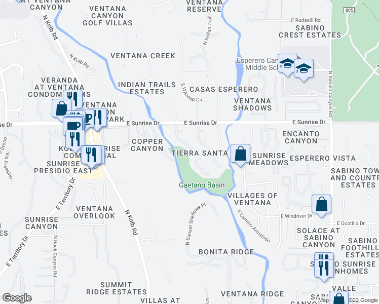 map of restaurants, bars, coffee shops, grocery stores, and more near 5481 North Moccasin Trail in Tucson