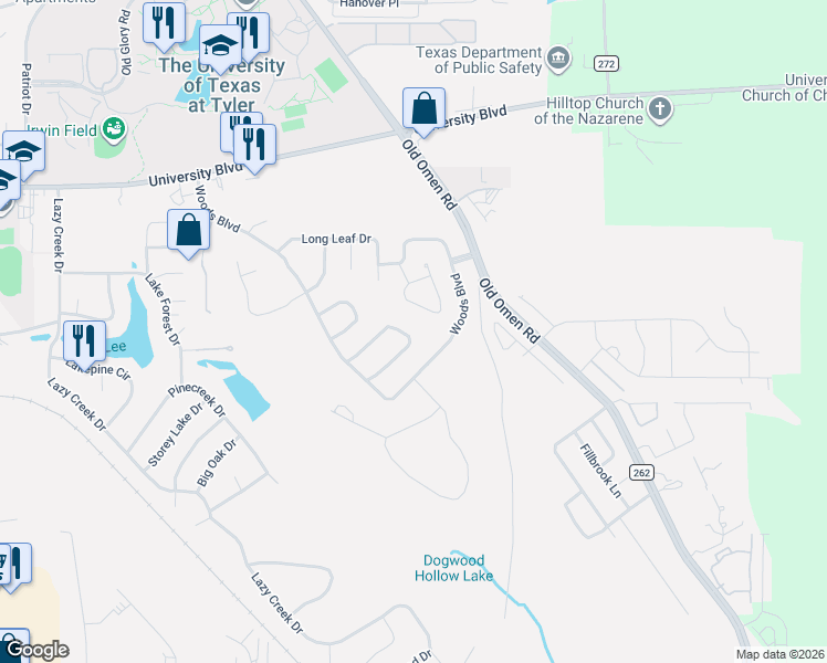 map of restaurants, bars, coffee shops, grocery stores, and more near 3843 Broadmoore Court in Tyler