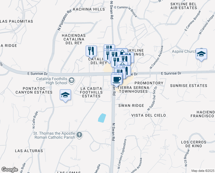 map of restaurants, bars, coffee shops, grocery stores, and more near 5500 North Valley View Road in Tucson