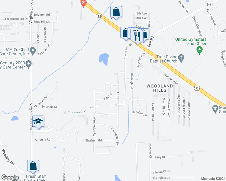map of restaurants, bars, coffee shops, grocery stores, and more near 4580 Lilly Lane in Montgomery