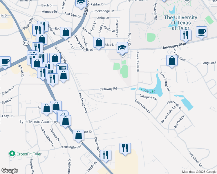 map of restaurants, bars, coffee shops, grocery stores, and more near 2810 Calloway Road in Tyler