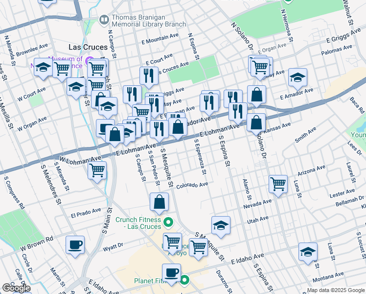 map of restaurants, bars, coffee shops, grocery stores, and more near 550 South Manzanita Street in Las Cruces