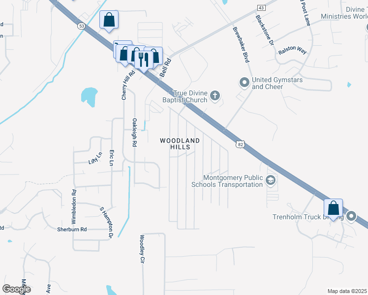 map of restaurants, bars, coffee shops, grocery stores, and more near 5210 Slash Pine Drive in Montgomery