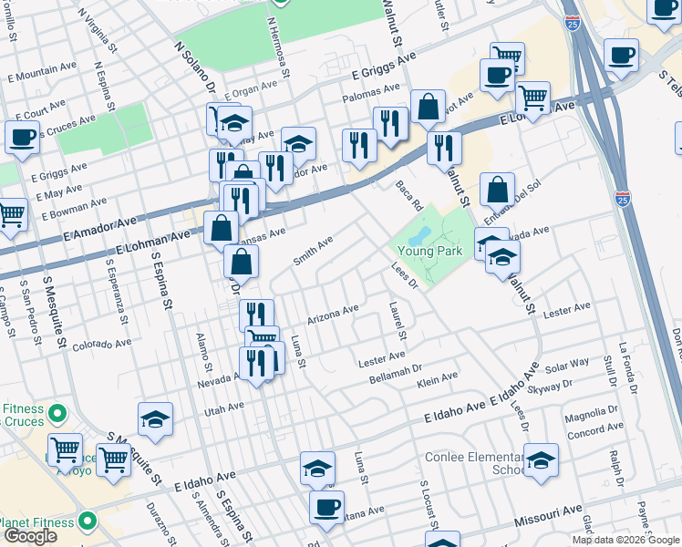 map of restaurants, bars, coffee shops, grocery stores, and more near 1701 East Colorado Avenue in Las Cruces