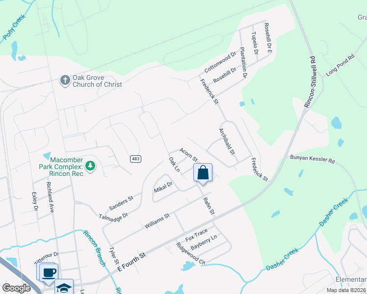 map of restaurants, bars, coffee shops, grocery stores, and more near 105 Acorn Street in Rincon