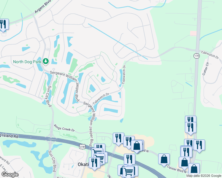 map of restaurants, bars, coffee shops, grocery stores, and more near 490 Bluff Point Lane in Bluffton