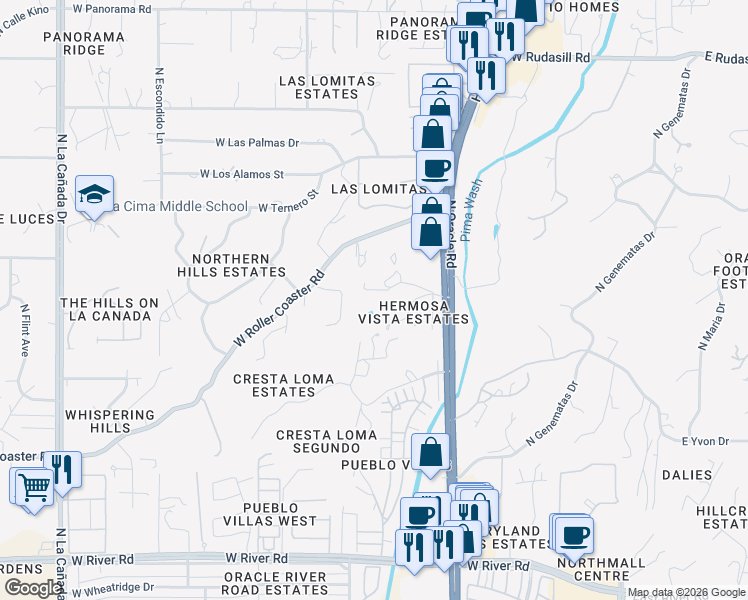 map of restaurants, bars, coffee shops, grocery stores, and more near 5525 North Oracle Road in Tucson