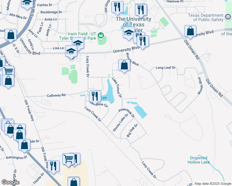 map of restaurants, bars, coffee shops, grocery stores, and more near 3805 Lake Forest Drive in Tyler