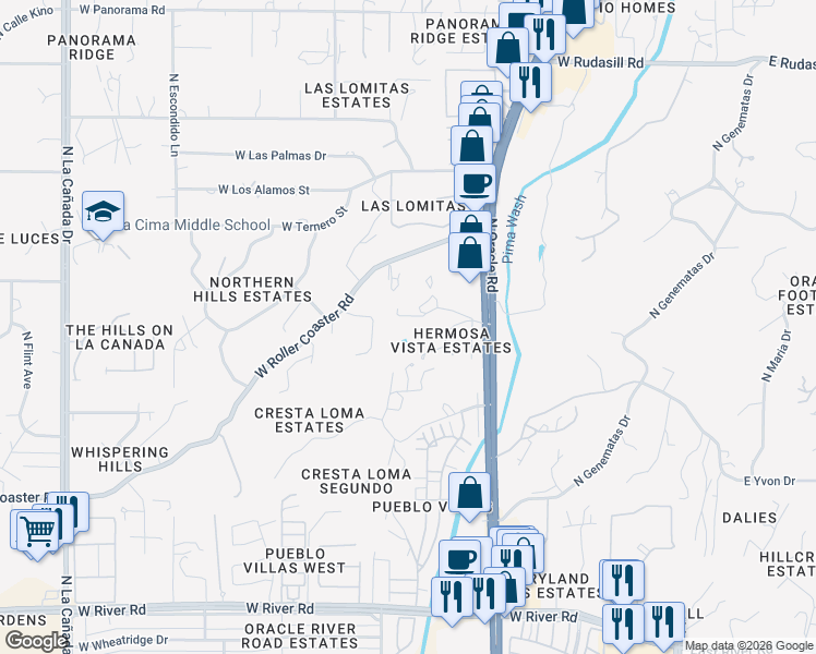 map of restaurants, bars, coffee shops, grocery stores, and more near 5525 North Oracle Road in Tucson