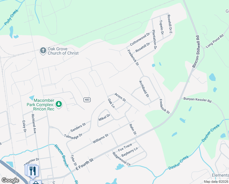 map of restaurants, bars, coffee shops, grocery stores, and more near 105 Acorn Street in Rincon