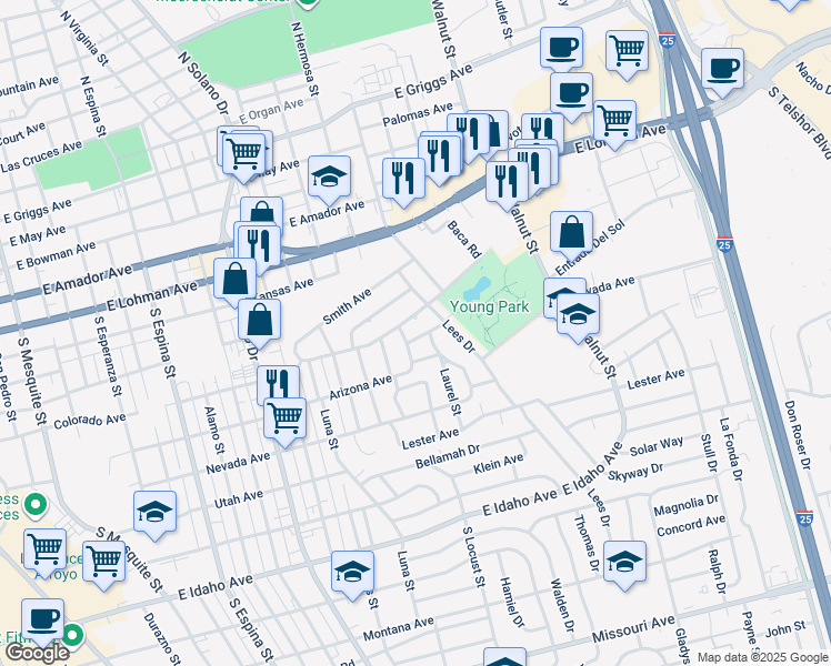 map of restaurants, bars, coffee shops, grocery stores, and more near 1815 New Mexico Avenue in Las Cruces