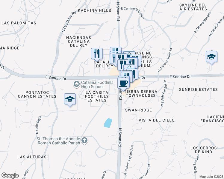 map of restaurants, bars, coffee shops, grocery stores, and more near 5500 North Valley View Road in Tucson