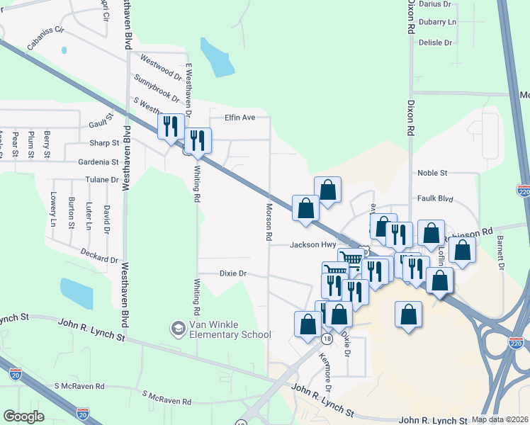 map of restaurants, bars, coffee shops, grocery stores, and more near 1300-1398 Morson Rd in Jackson