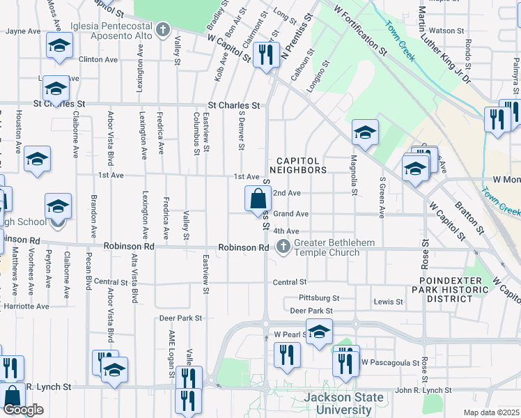 map of restaurants, bars, coffee shops, grocery stores, and more near 435 South Prentiss Street in Jackson