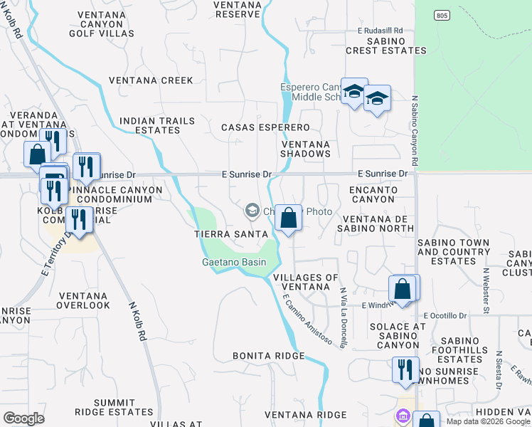 map of restaurants, bars, coffee shops, grocery stores, and more near 5507 North Barrasca Avenue in Tucson
