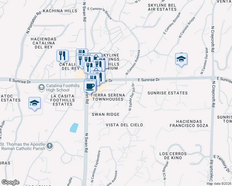 map of restaurants, bars, coffee shops, grocery stores, and more near 5513 North Camino Arenosa in Tucson