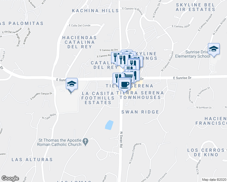 map of restaurants, bars, coffee shops, grocery stores, and more near 5500 North Valley View Road in Tucson