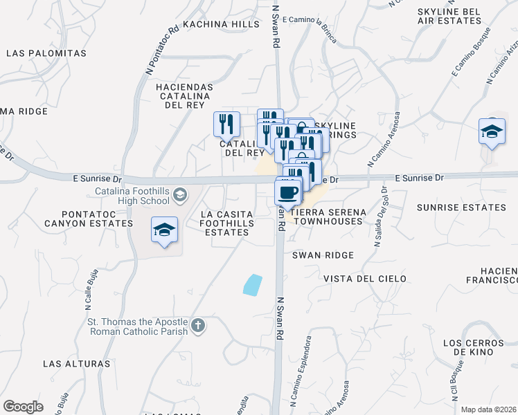 map of restaurants, bars, coffee shops, grocery stores, and more near 5500 North Valley View Road in Tucson
